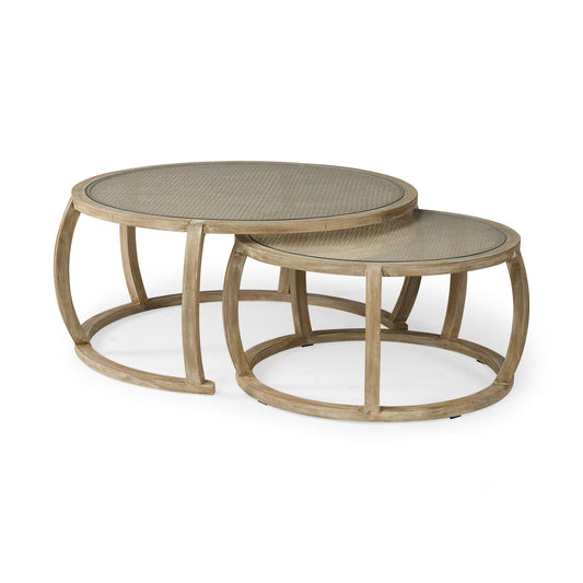 S2 41.5' Round Woven Cane Glass Top and Solid Wood Coffee Tables By Homeroots | Coffee Tables | Modishstore