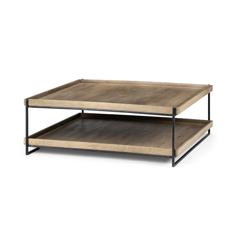 Rectangular Solid Wood Top Table and Black Metal Frame Two Tier Coffee Table By Homeroots | Coffee Tables | Modishstore