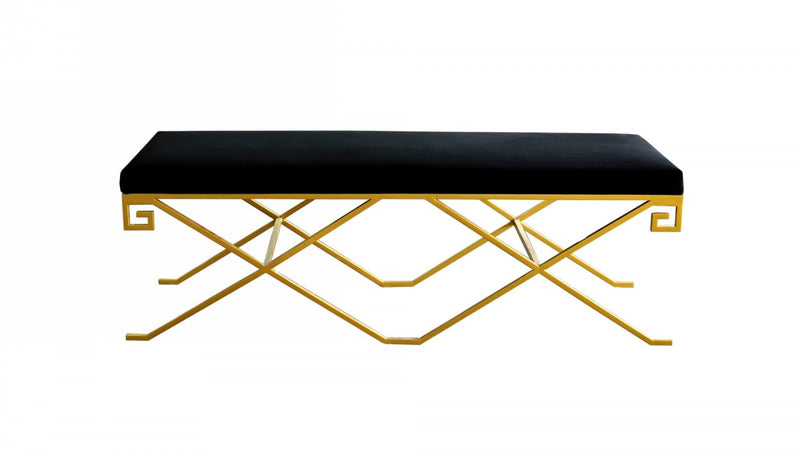 Rectangular Modern Black Velvet Bench with Champagne Gold Steel Frame By Homeroots | Benches | Modishstore