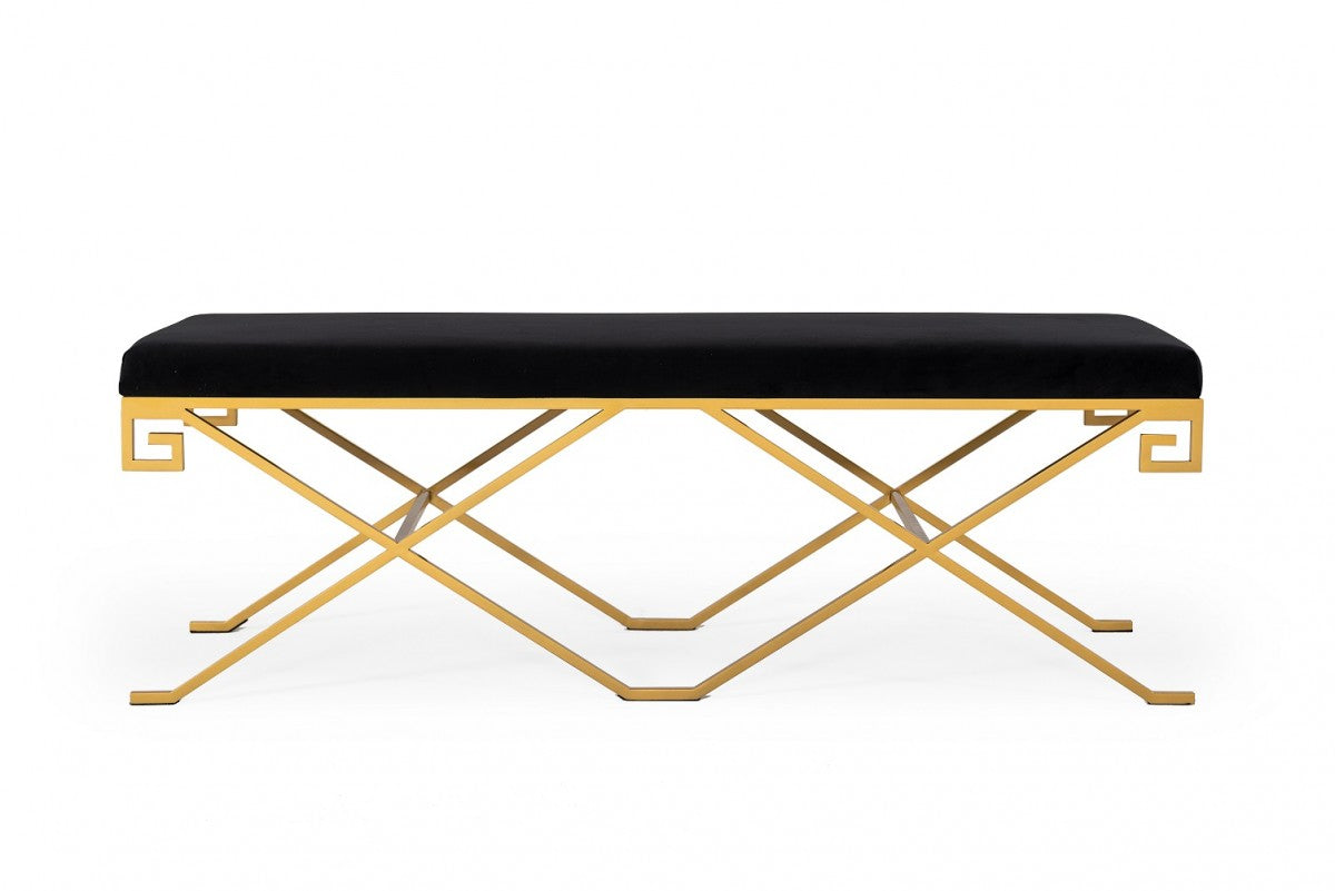 Rectangular Modern Black Velvet Bench with Champagne Gold Steel Frame By Homeroots | Benches | Modishstore - 2