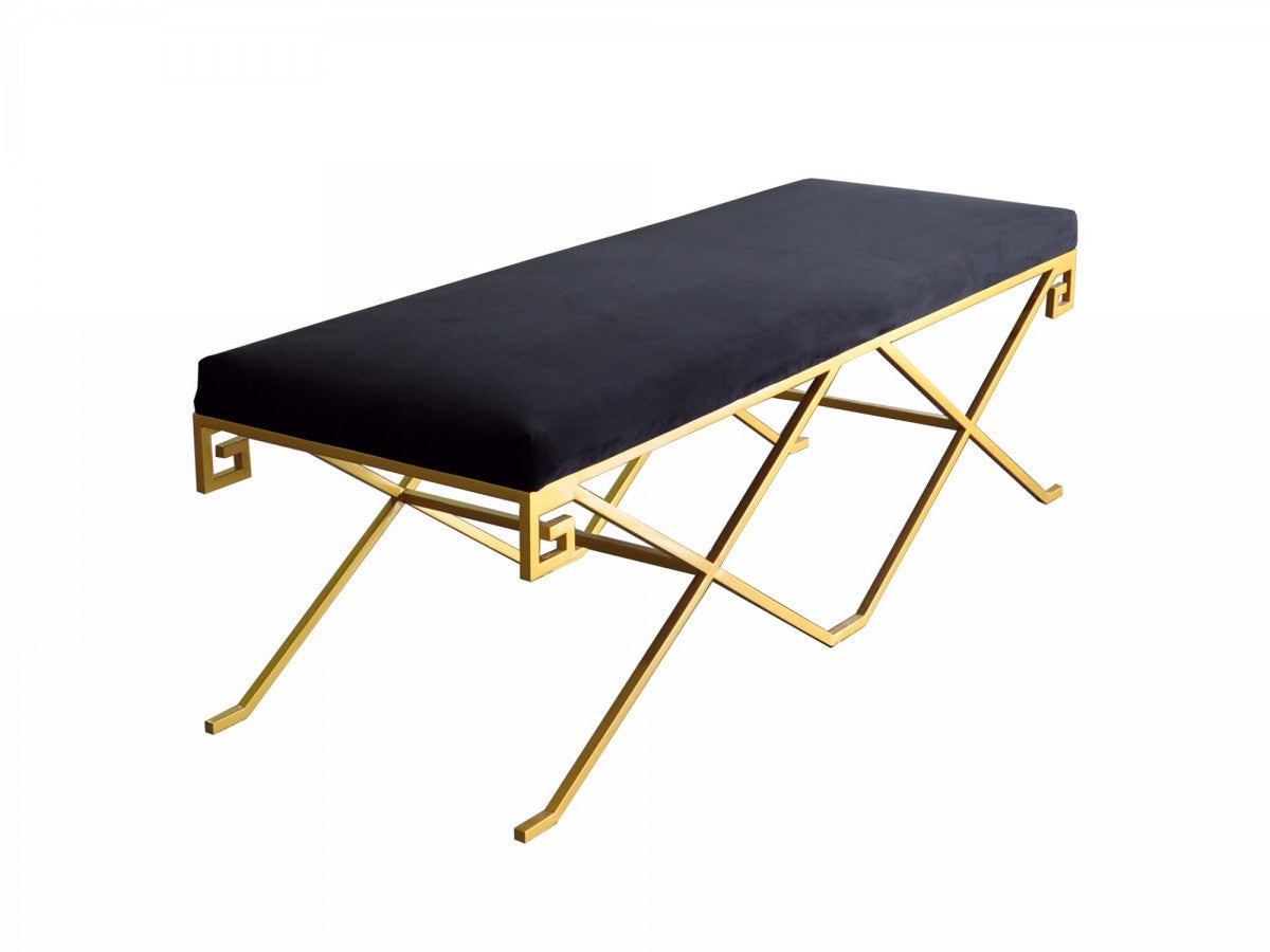 Rectangular Modern Black Velvet Bench with Champagne Gold Steel Frame By Homeroots | Benches | Modishstore - 4