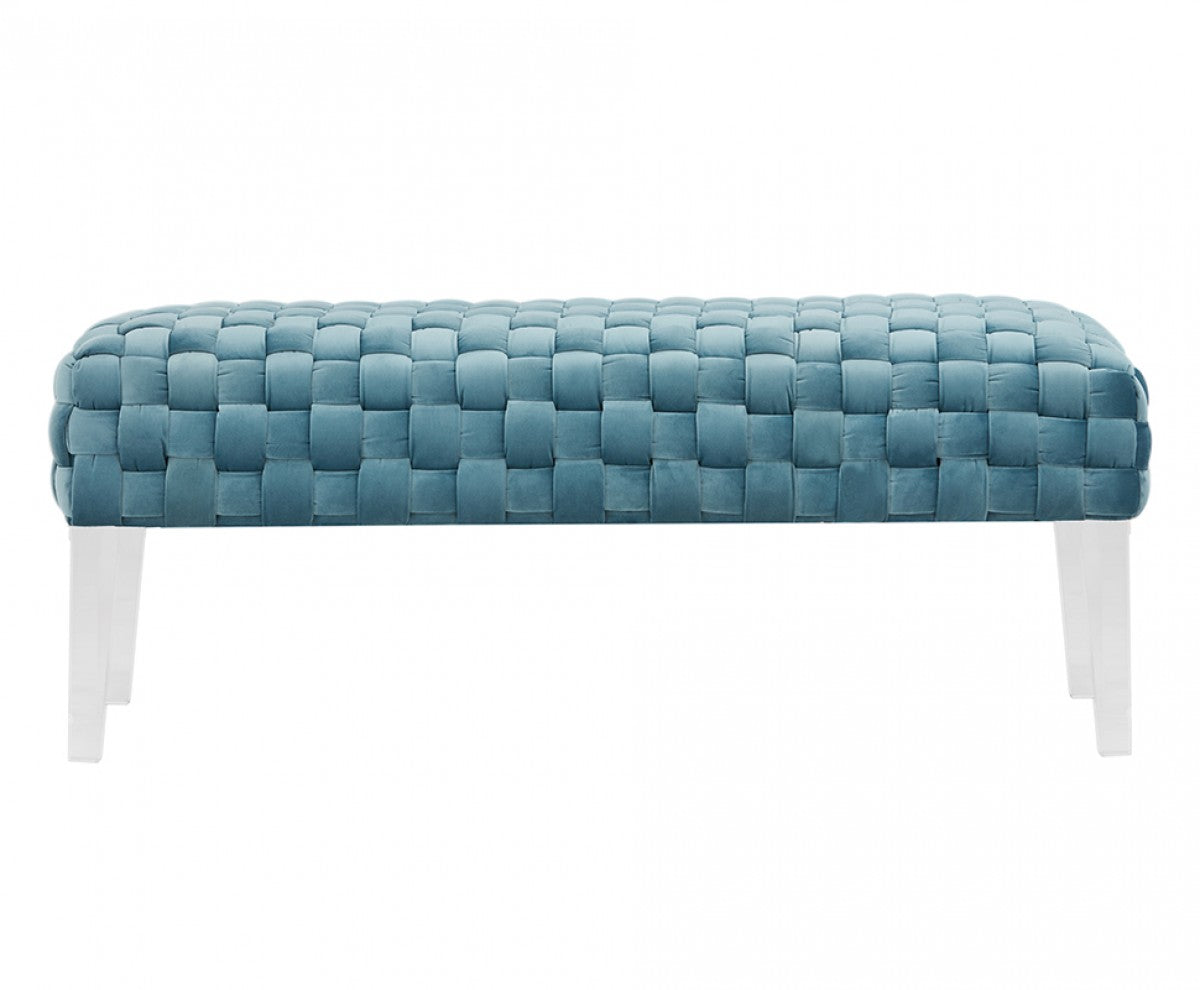 Rectangular Modern Light Teal Textured Velvet Bench with acrylic legs By Homeroots | Benches | Modishstore