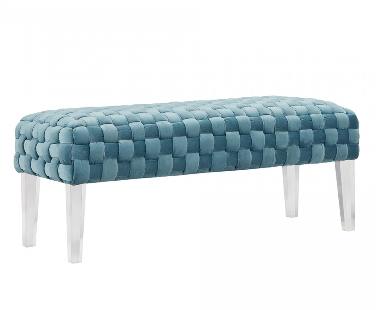 Rectangular Modern Light Teal Textured Velvet Bench with acrylic legs By Homeroots | Benches | Modishstore - 2