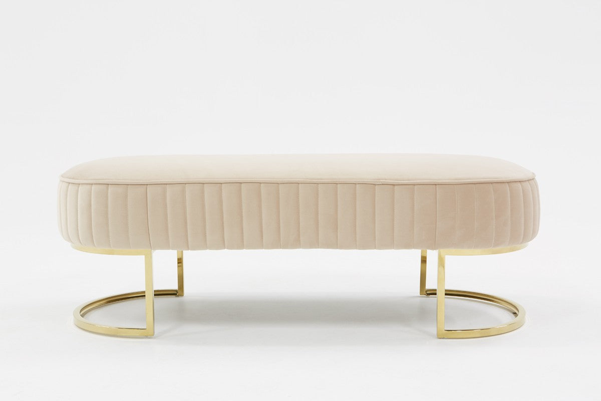 Oval Modern Beige Velvet Bench with Gold Crescent shaped base By Homeroots | Benches | Modishstore