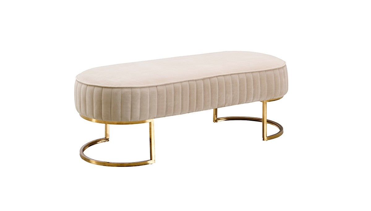 Oval Modern Beige Velvet Bench with Gold Crescent shaped base By Homeroots | Benches | Modishstore - 2