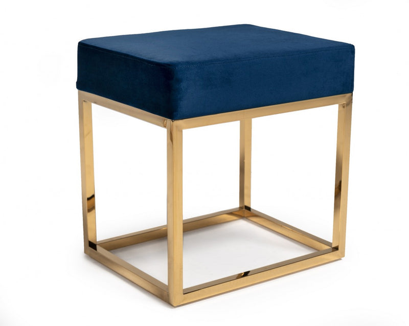 Square Modern Blue Velvet Ottoman with Gold Stainless Steel By Homeroots | Ottomans | Modishstore