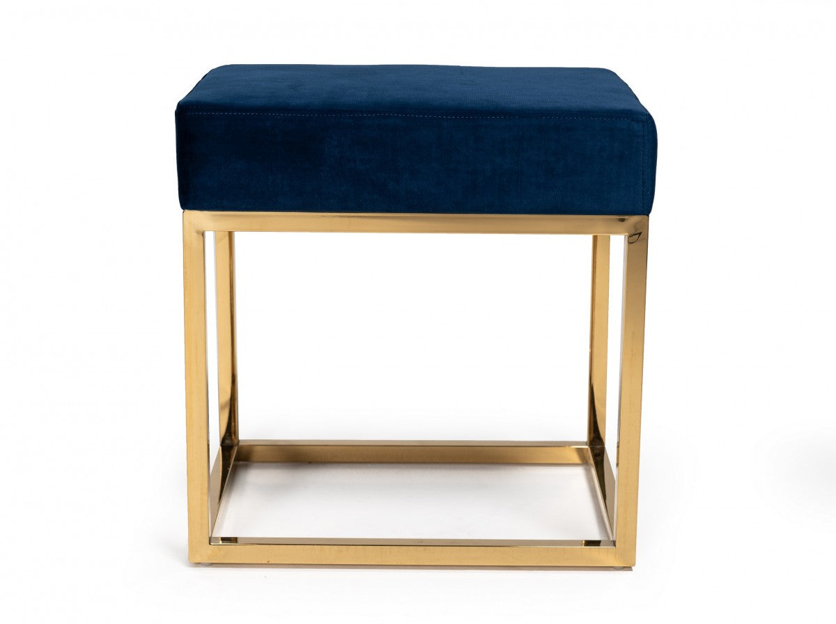 Square Modern Blue Velvet Ottoman with Gold Stainless Steel By Homeroots | Ottomans | Modishstore - 2