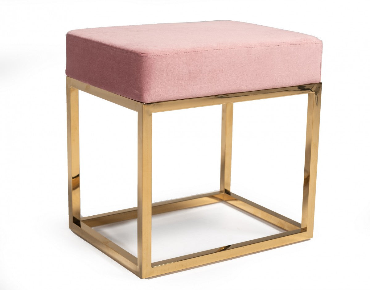 Square Modern Pink Velvet Ottoman with Gold Stainless Steel By Homeroots