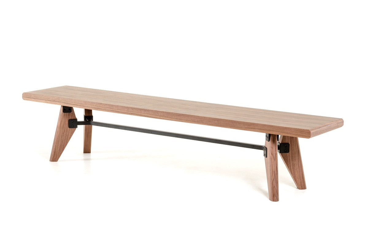 Modern Walnut Finish Dining Bench with Silky Black Metal Support Bar By Homeroots | Benches | Modishstore