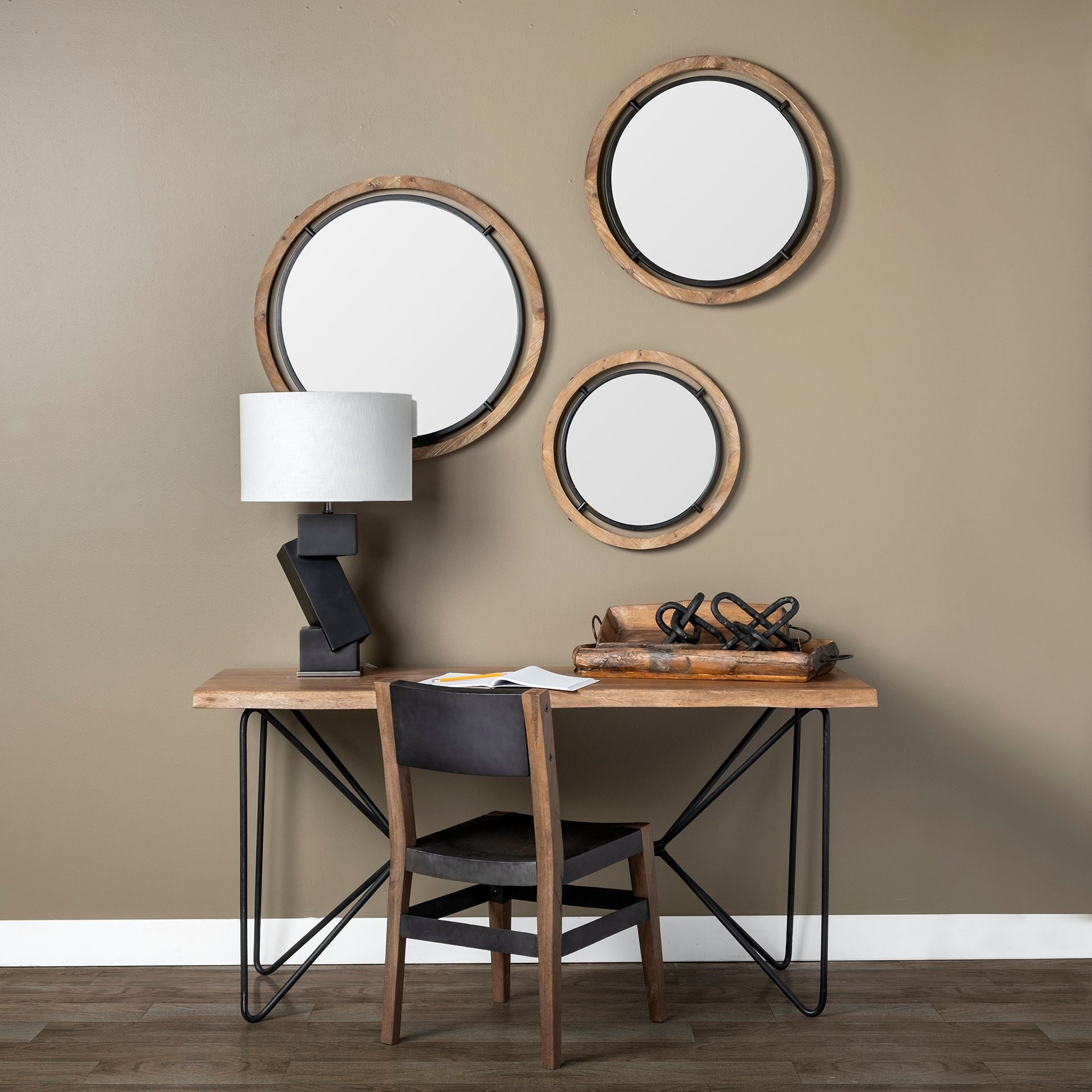 24" Brown Wood and Black Metal Double Frame Wall Mirror By Homeroots | Mirrors | Modishstore