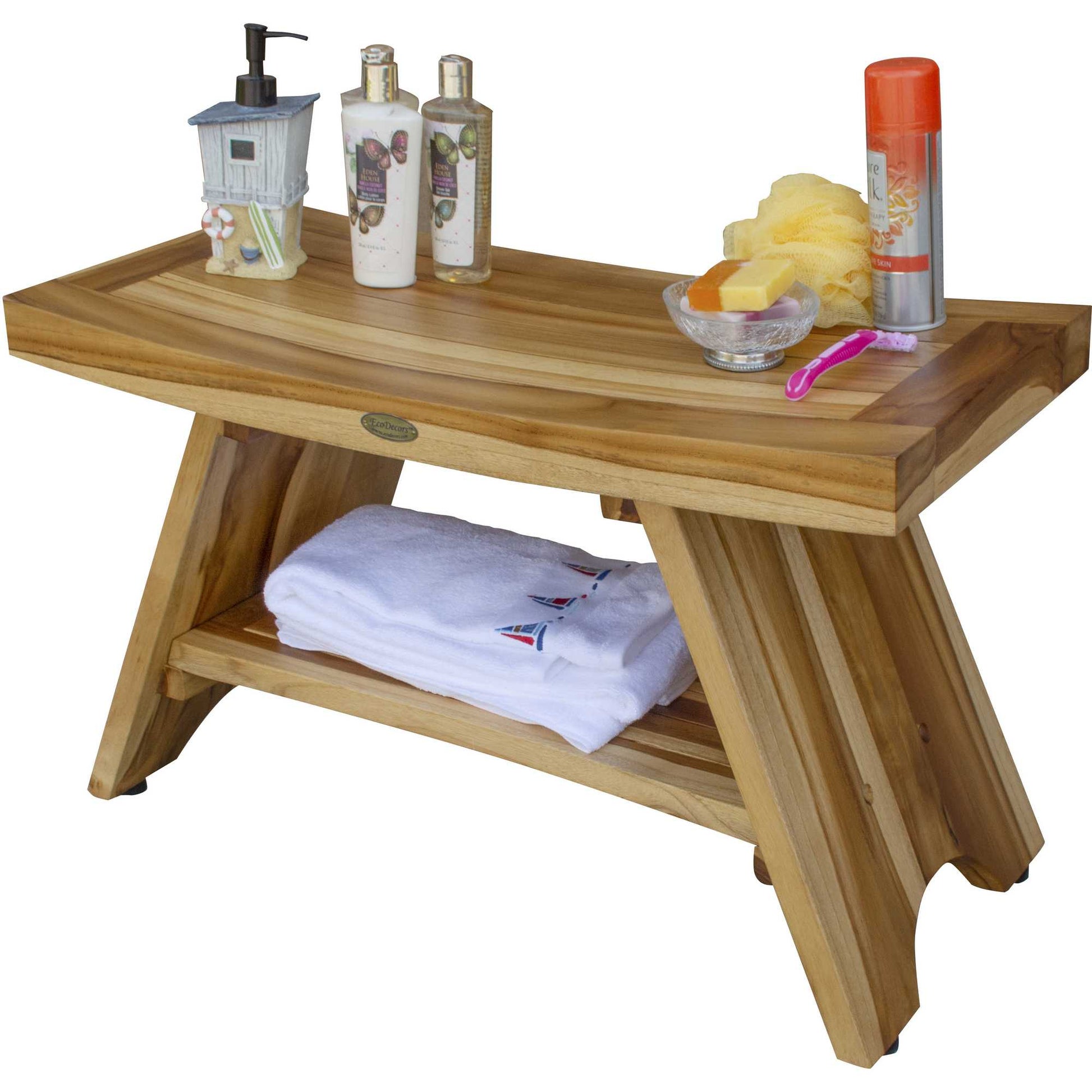 Rectangular Teak Shower Stool or Bench with Shelf in Natural Finish By Homeroots | Outdoor Stools & Benches | Modishstore - 5