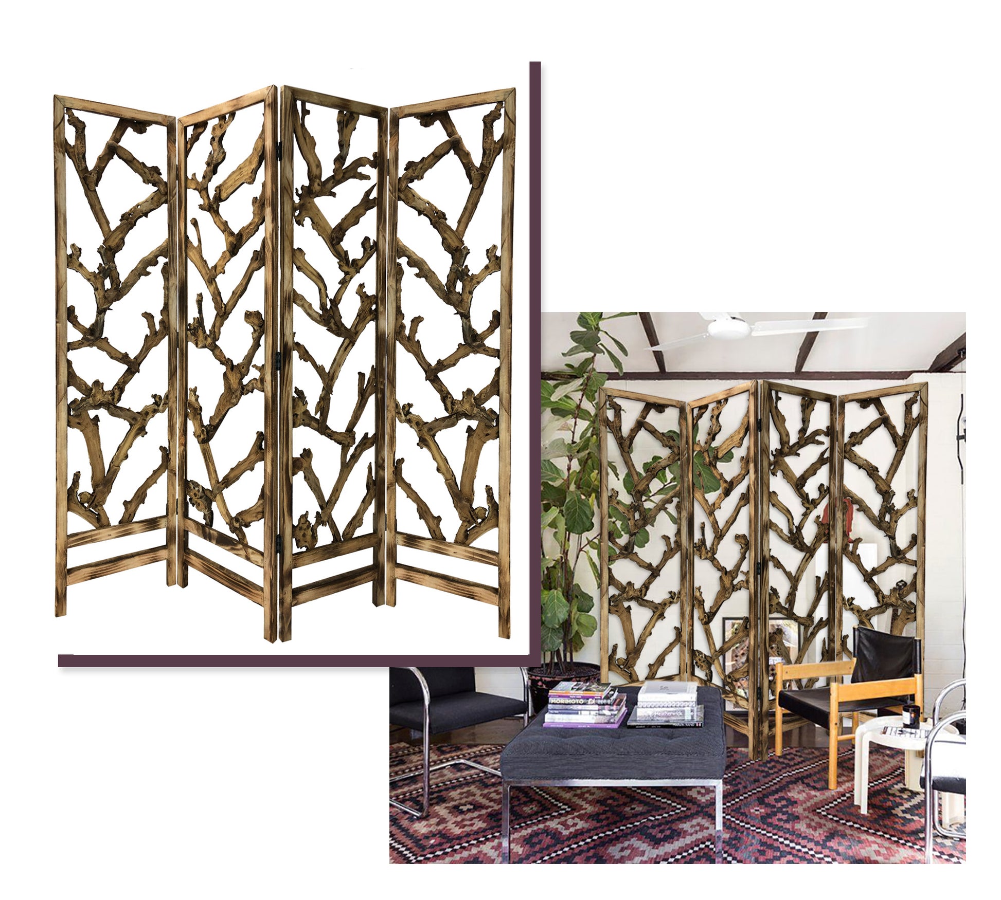 4 Panel Room Divider with Tropical Leaf By Homeroots | Room Dividers | Modishstore - 3