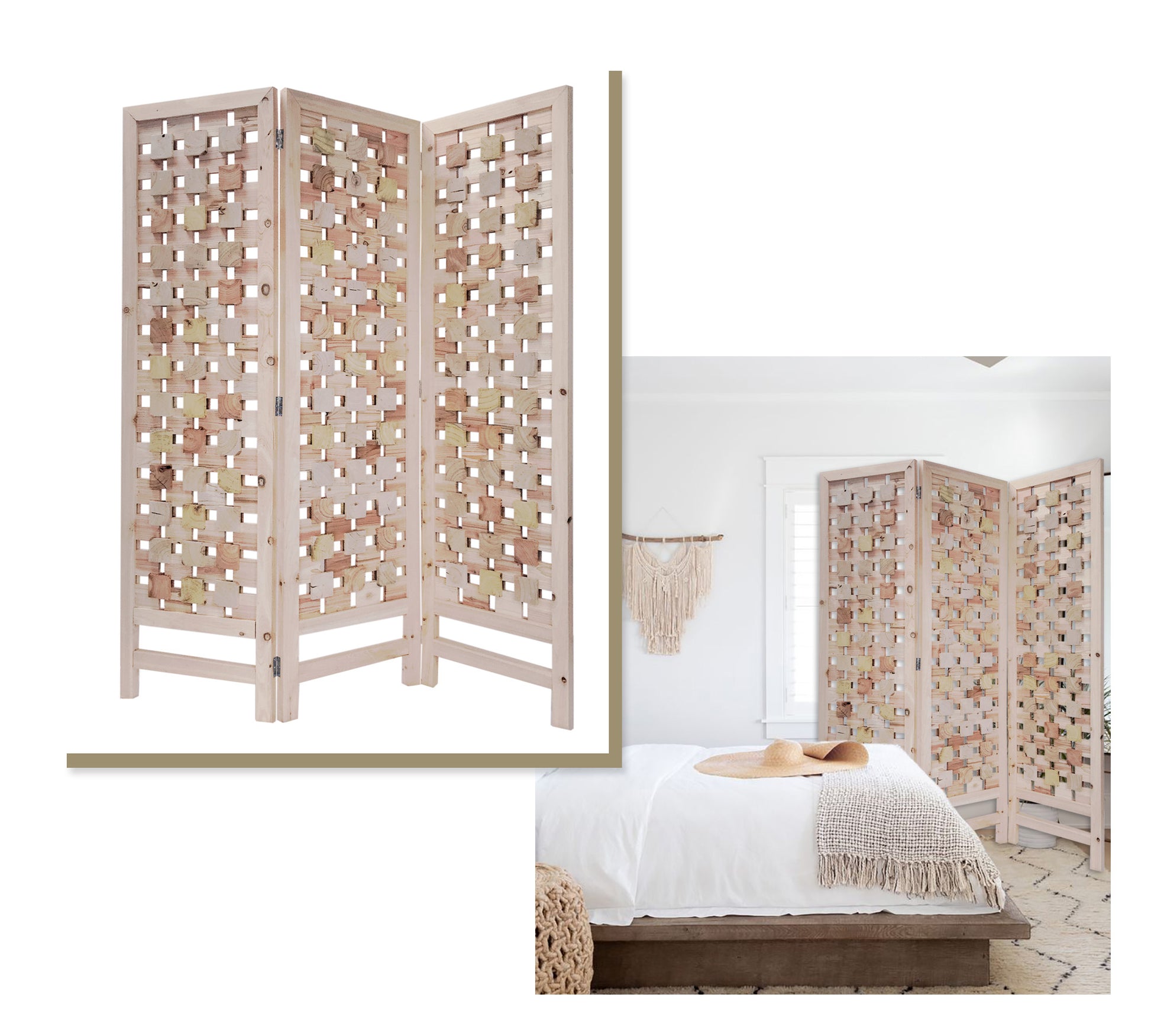 3 Panel Pink Room Divider with Cut Square Wood Design By Homeroots | Room Dividers | Modishstore - 2