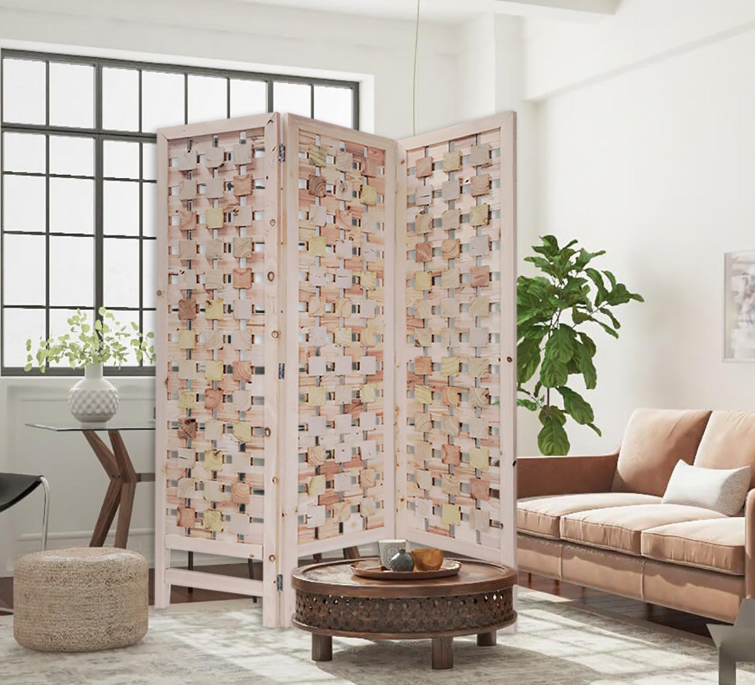 3 Panel Pink Room Divider with Cut Square Wood Design By Homeroots | Room Dividers | Modishstore