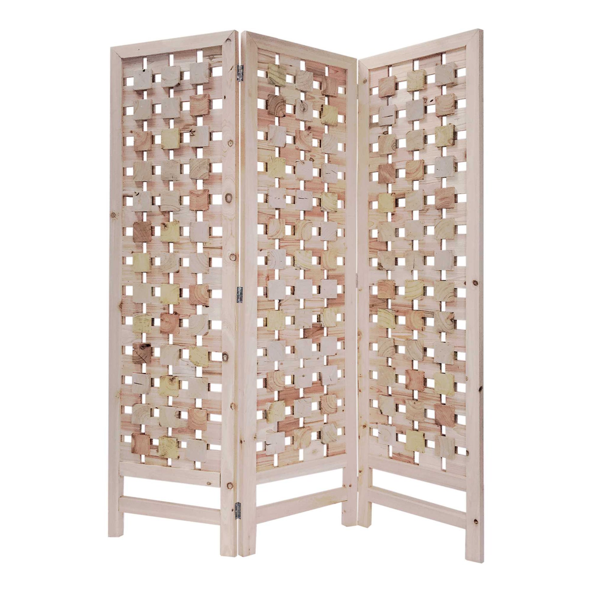 3 Panel Pink Room Divider with Cut Square Wood Design By Homeroots | Room Dividers | Modishstore - 5