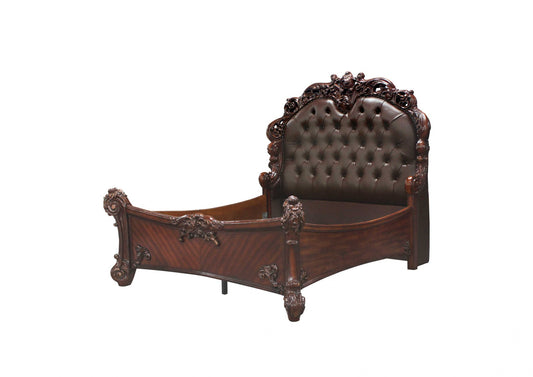 King Size Elaborately Carved Cherry Wood Finish Bed With Tufted Dark Faux Leather Headboard By Homeroots | Beds | Modishstore