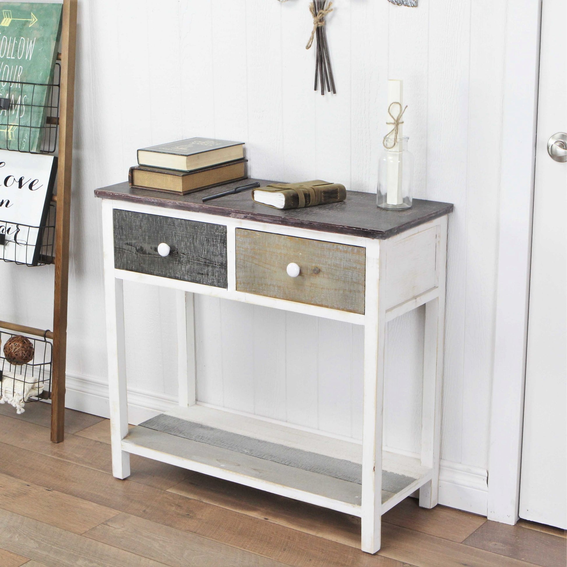 Distressed Gray and White Table with 2 Drawers and Bottom Shelf By Homeroots | Drawers | Modishstore