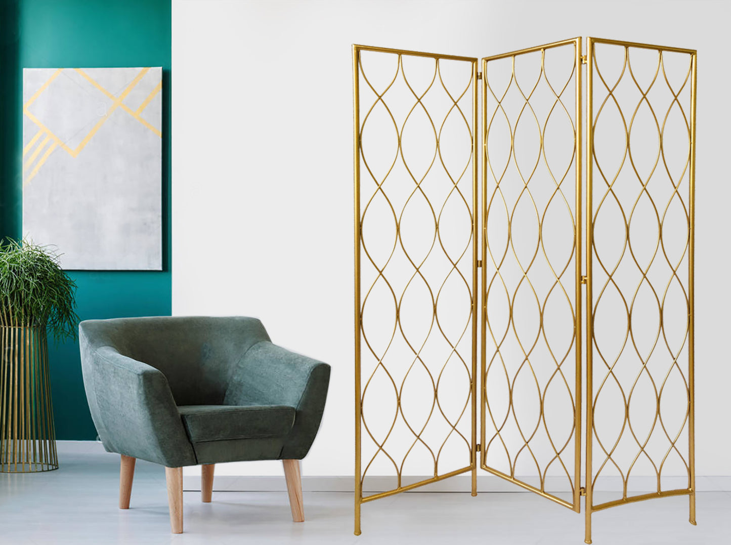 Golden Scroll Three Panel Room Divider Screen By Homeroots | Room Dividers | Modishstore - 3