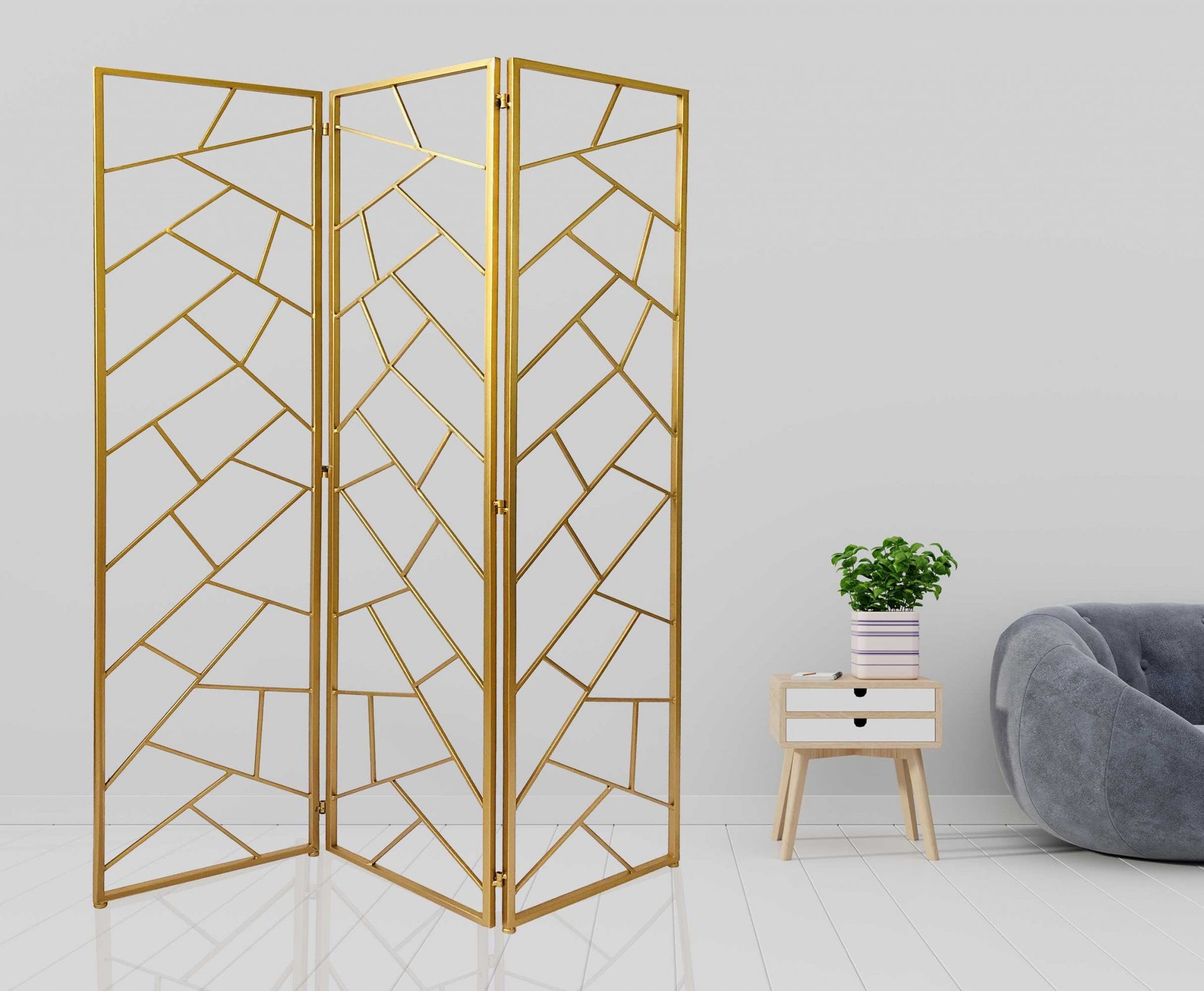 Golden Abstract Geo Three Panel Room Divider Screen By Homeroots | Room Dividers | Modishstore - 3