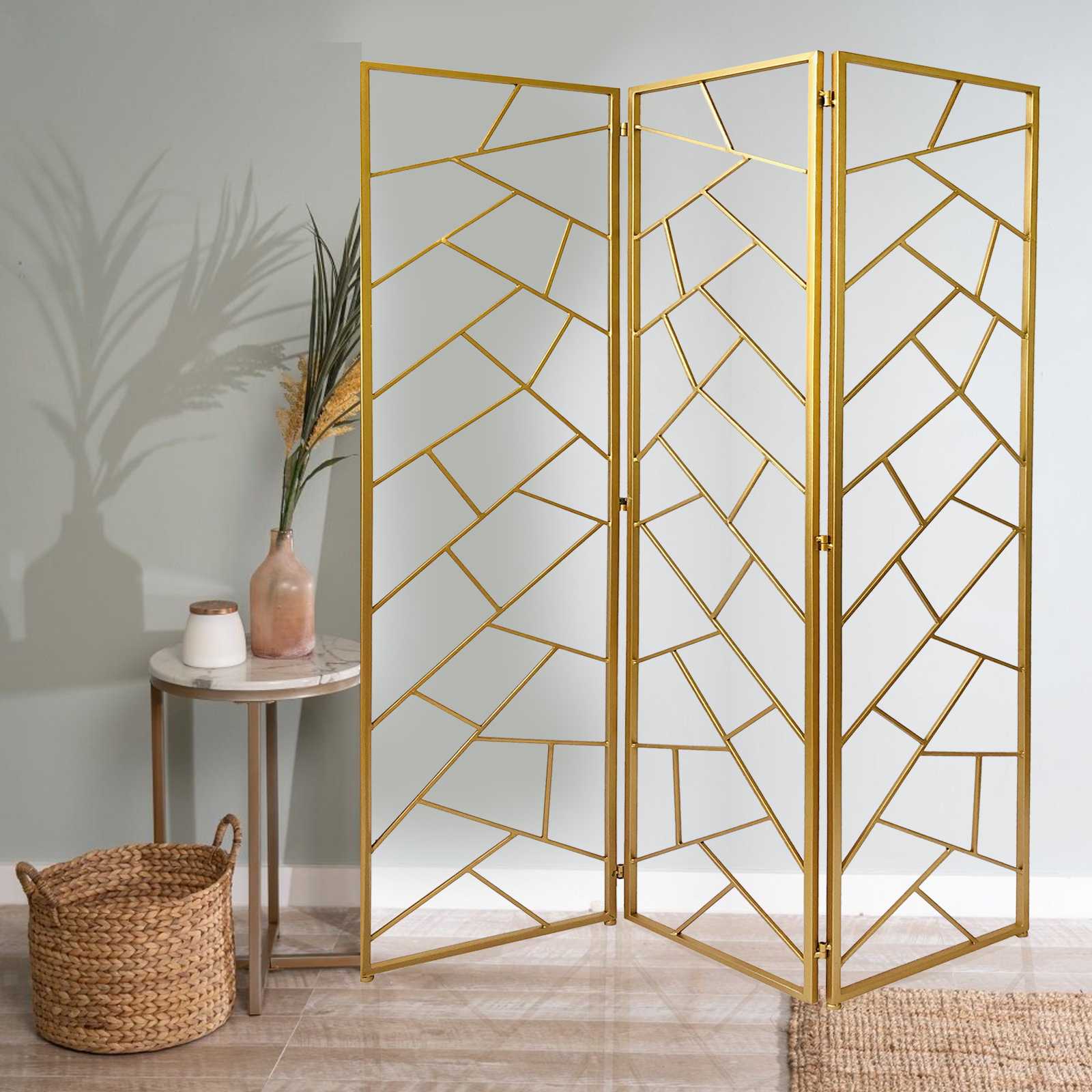 Golden Abstract Geo Three Panel Room Divider Screen By Homeroots | Room Dividers | Modishstore