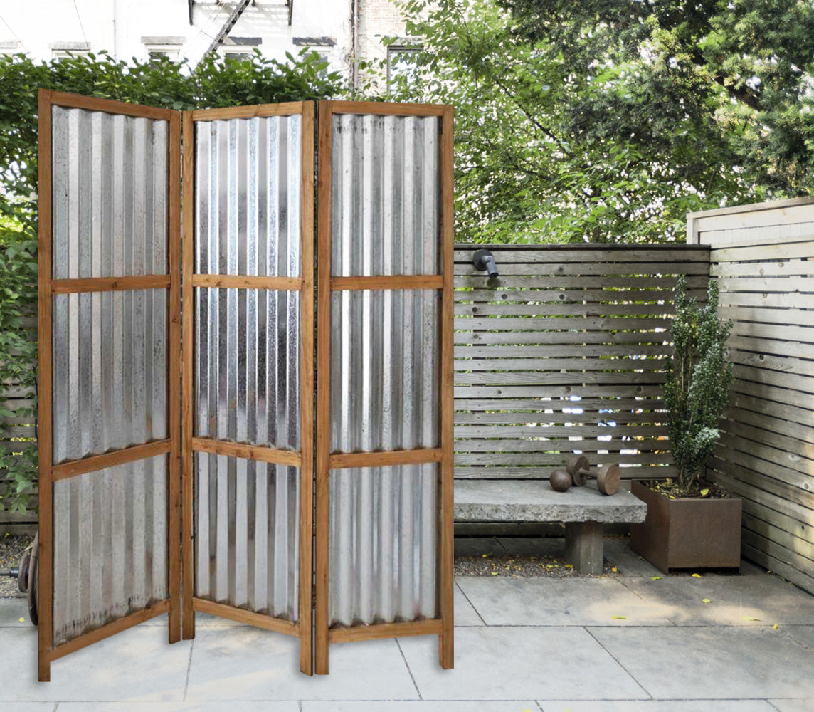 Gray Industrial Galvanized Metal Three Panel Room Divider Screen By Homeroots | Room Dividers | Modishstore