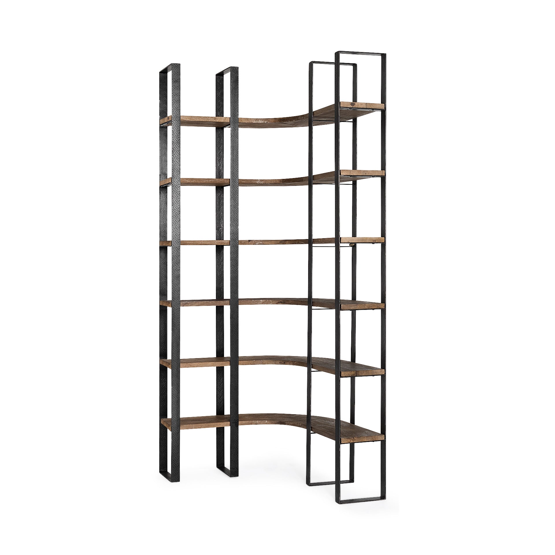 Curved Dark Brown Wood And Black Iron 6 Shelving Unit By Homeroots | Shelves & Shelving Units | Modishstore