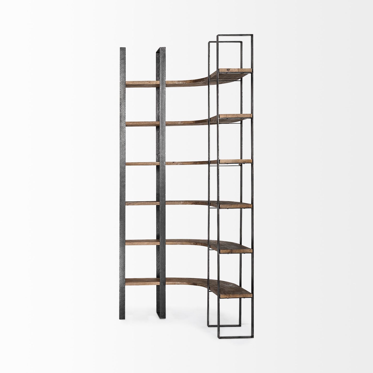 Curved Dark Brown Wood And Black Iron 6 Shelving Unit By Homeroots | Shelves & Shelving Units | Modishstore - 3