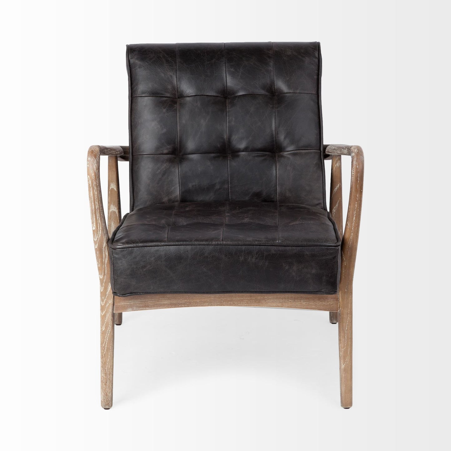 Black Leather Accent Chair with Wrapped Ash Wood Frame By Homeroots | Accent Chairs | Modishstore - 2