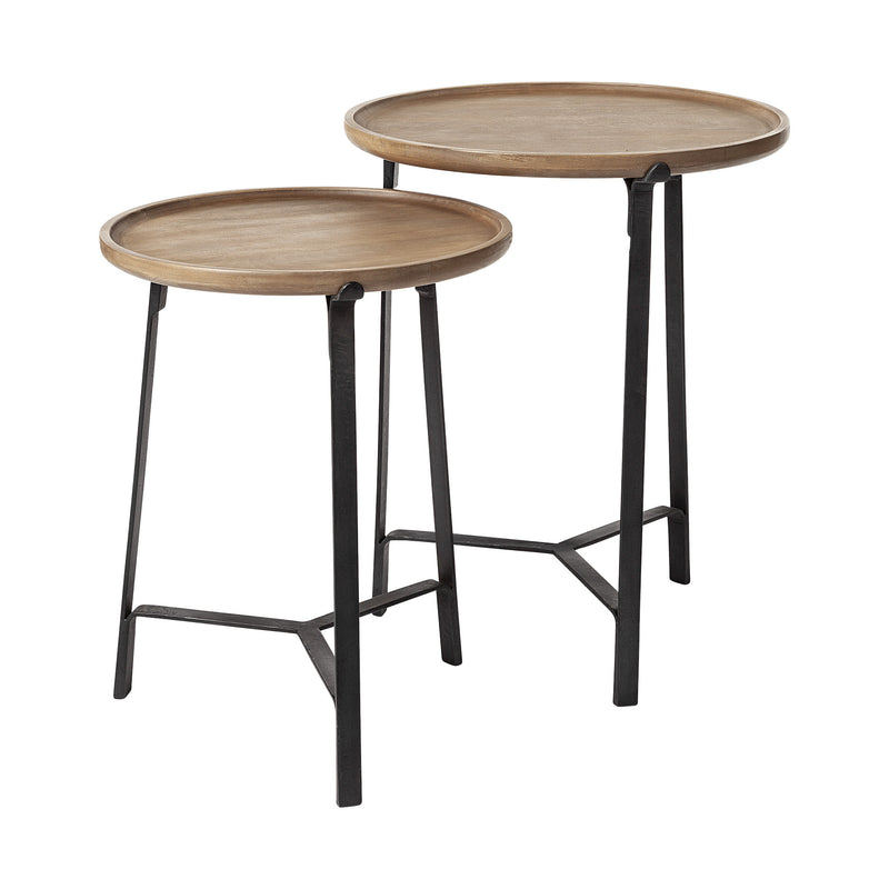 Set of 2 Round Brown Solid Wood Iron Base Nesting Side Tables By Homeroots | Side Tables | Modishstore