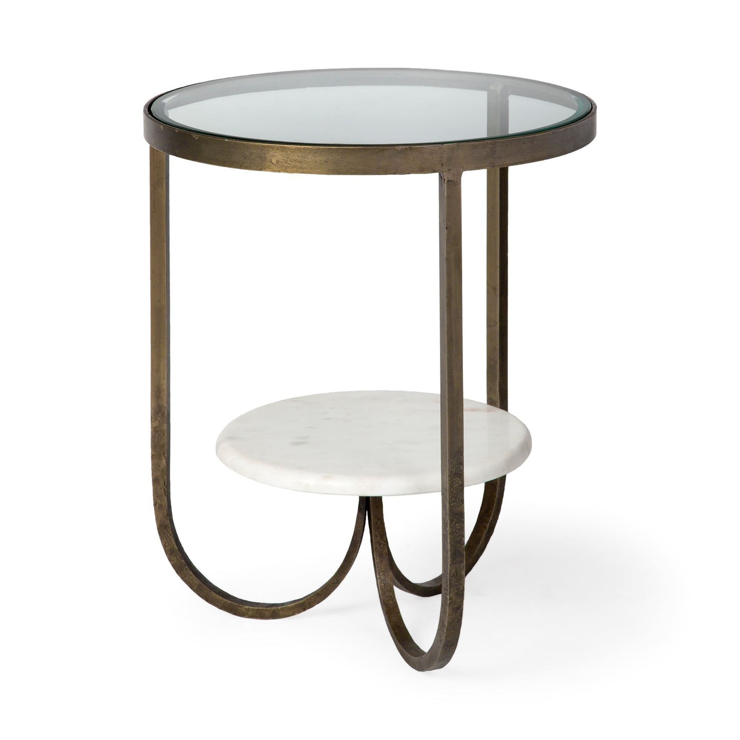 Round Glass Top Metal Side Table with Marble Shelf on Bottom By Homeroots | Side Tables | Modishstore