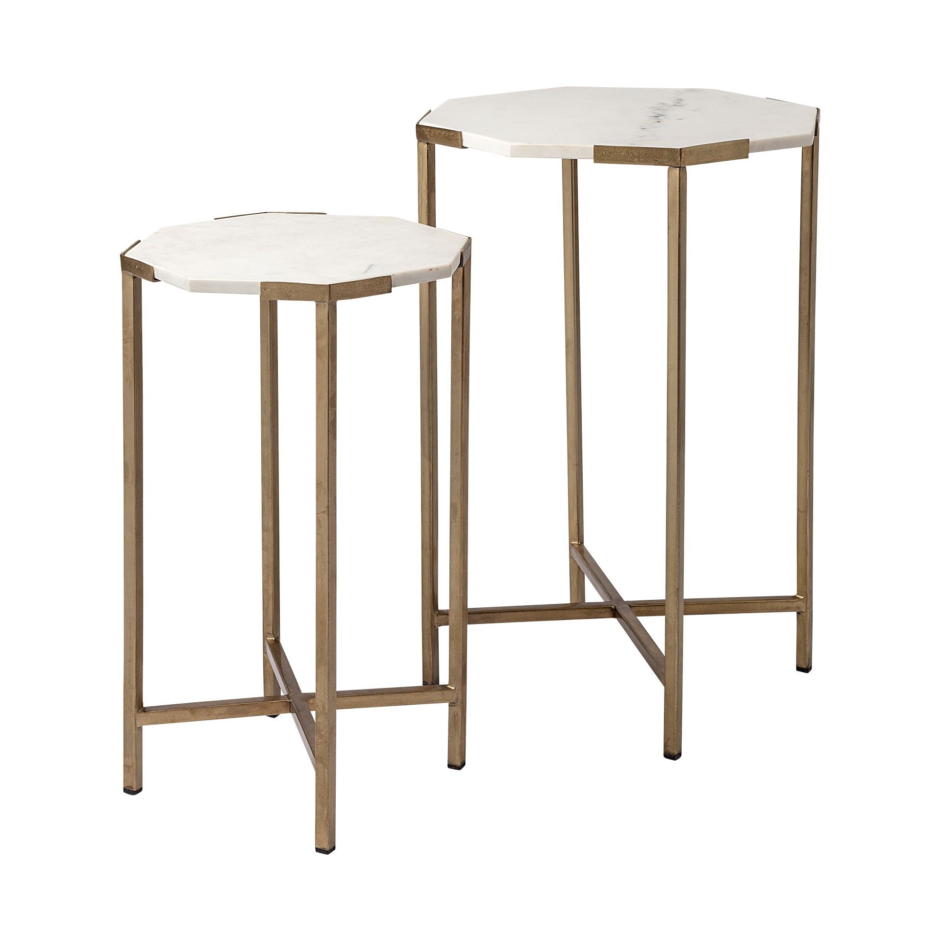 Set of 2 White Marble and Iron Hexagonal Top Side Tables By Homeroots | Side Tables | Modishstore