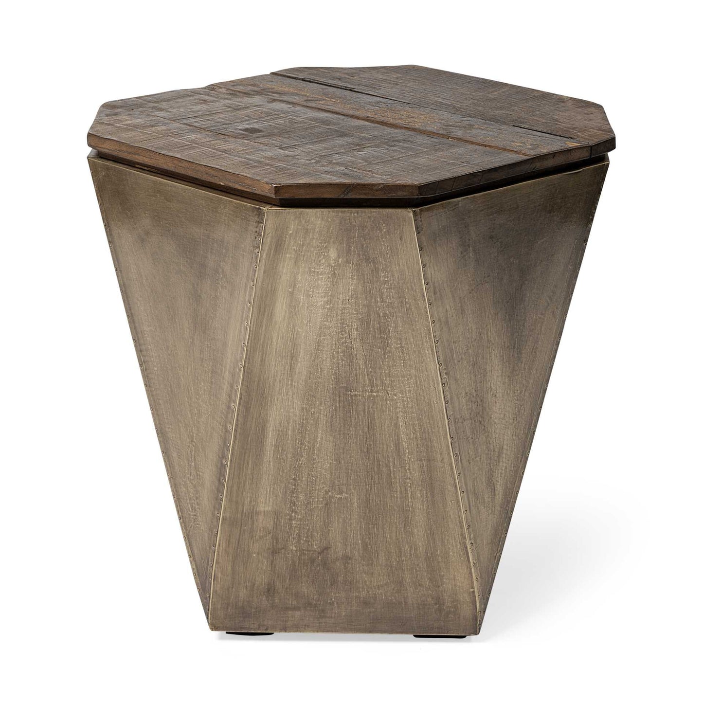 Brass and Natural Wood Side Table with Hexagonal Hinged-Top By Homeroots | Side Tables | Modishstore