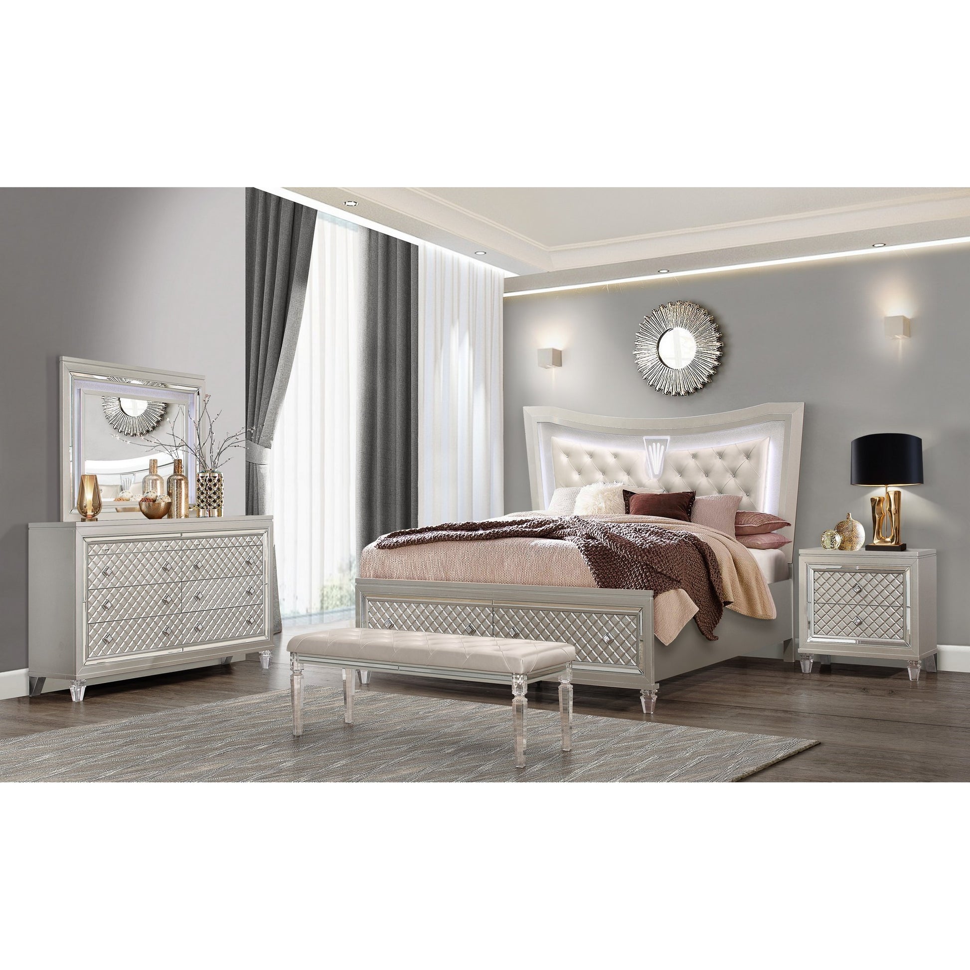 Champagne Tone Queen Bed With Padded Headboard Led Lightning 2 Drawer By Homeroots | Beds | Modishstore