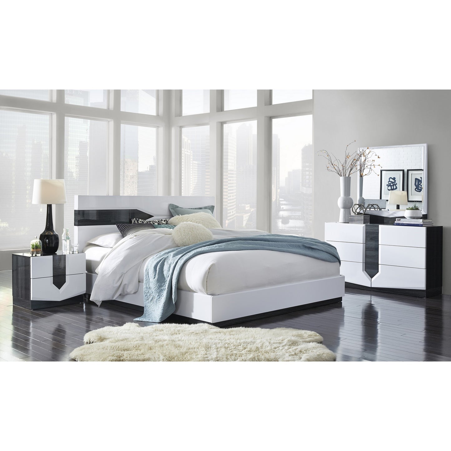 White Tone Queen Bed With Dark Grey Zebrano Details On Headboard And Bottom Rail Accent By Homeroots | Beds | Modishstore