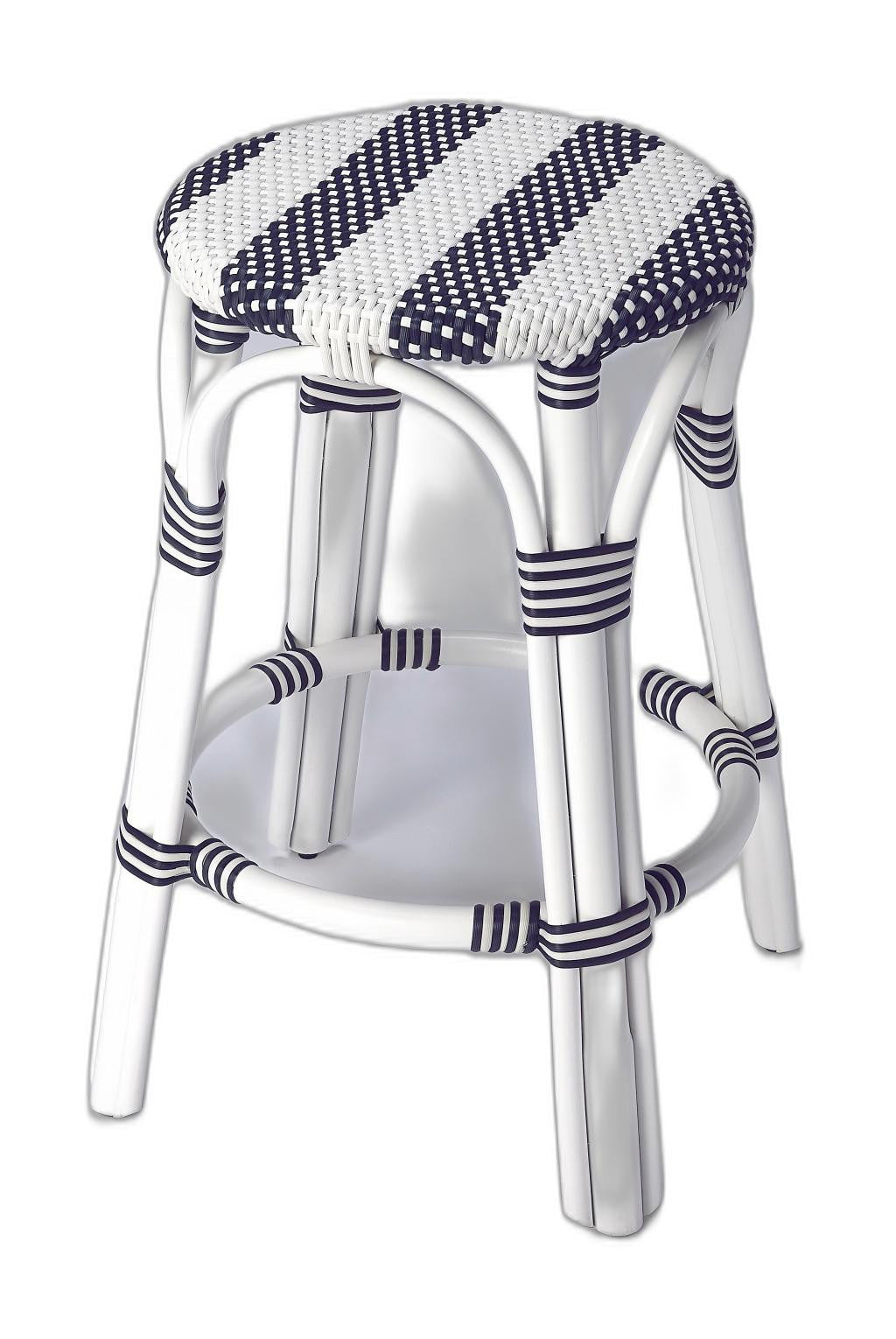 Classic White And Navy Blue Rattan Counter Stool By Homeroots | Counter Stools | Modishstore - 7