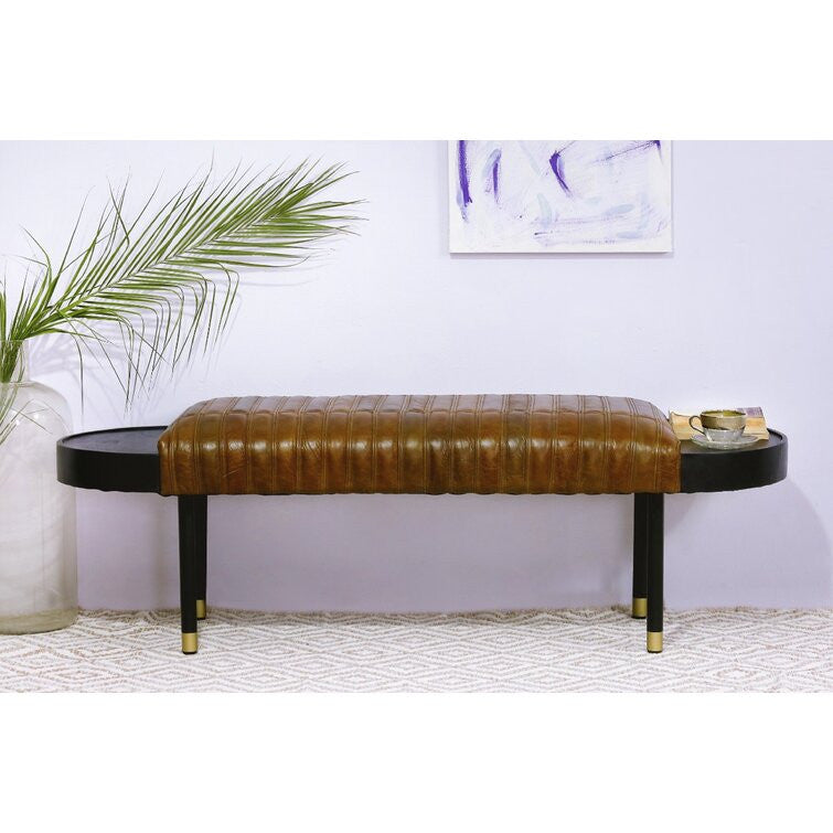 Warm Brown Leather and Solid Wood Bench By Homeroots | Benches | Modishstore - 8