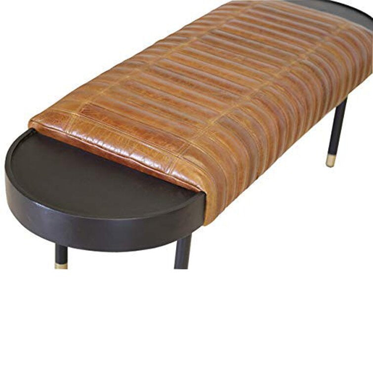 Warm Brown Leather and Solid Wood Bench By Homeroots | Benches | Modishstore - 3