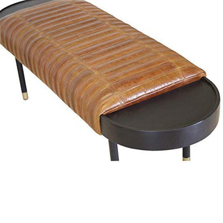 Warm Brown Leather and Solid Wood Bench By Homeroots | Benches | Modishstore - 5