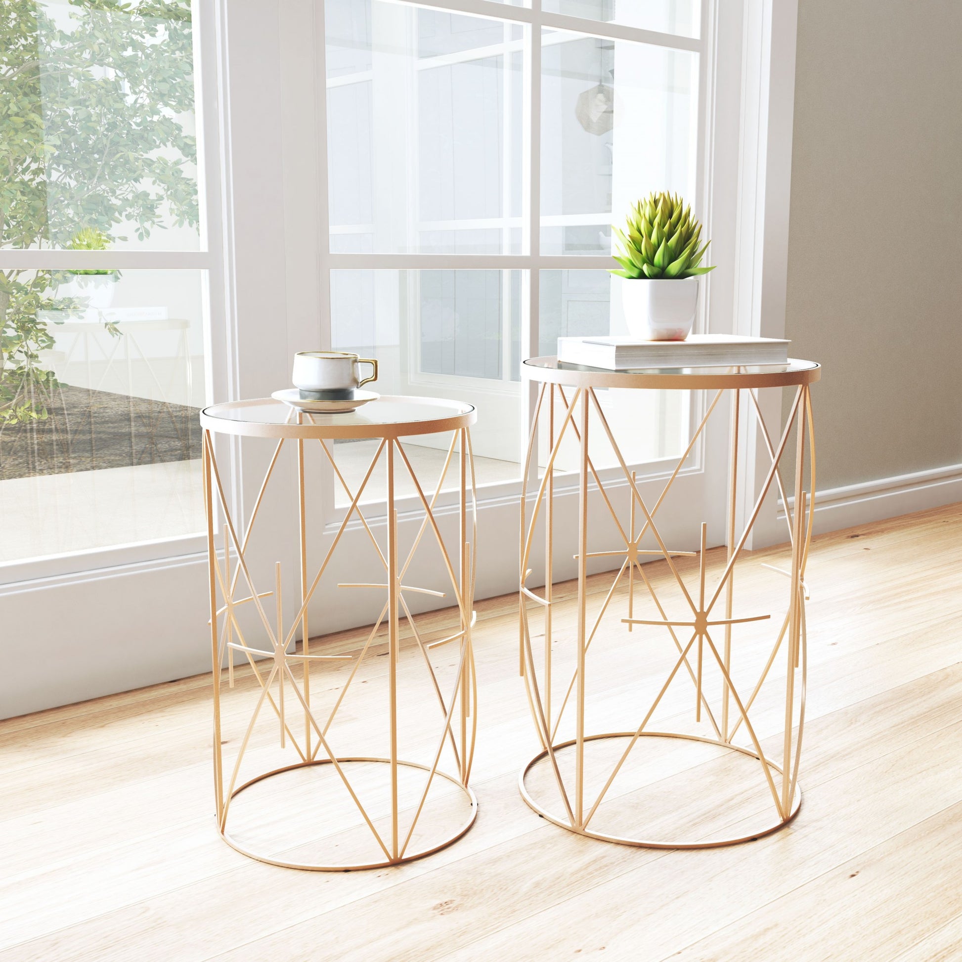 Set of Two Geometric Gold and Glass Side Tables By Homeroots | End Tables | Modishstore - 8