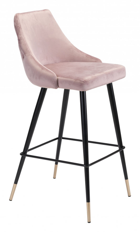 41" Pink Tufted Velvet And Black Bar Height Chair With Footrest By Homeroots | Bar Stools | Modishstore