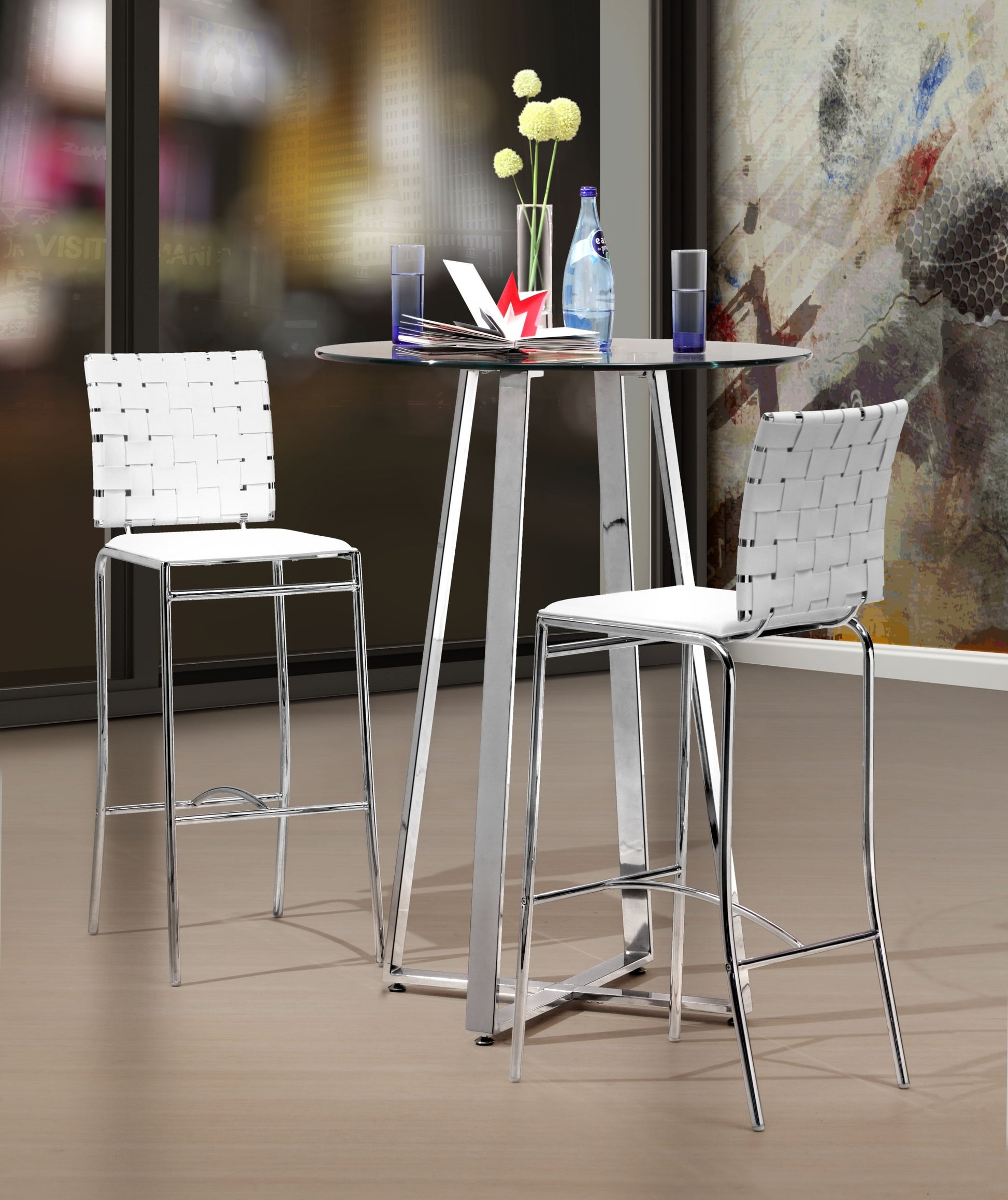 Set Of Two 41" White And Silver Steel Low Back Bar Height Chairs With Footrest By Homeroots | Bar Stools | Modishstore - 7