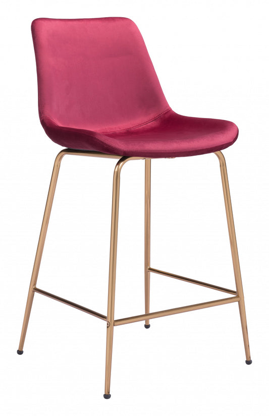 39" Red Velvet And Gold Low Back Counter Height Bar Chair With Footrest By Homeroots | Bar Stools | Modishstore