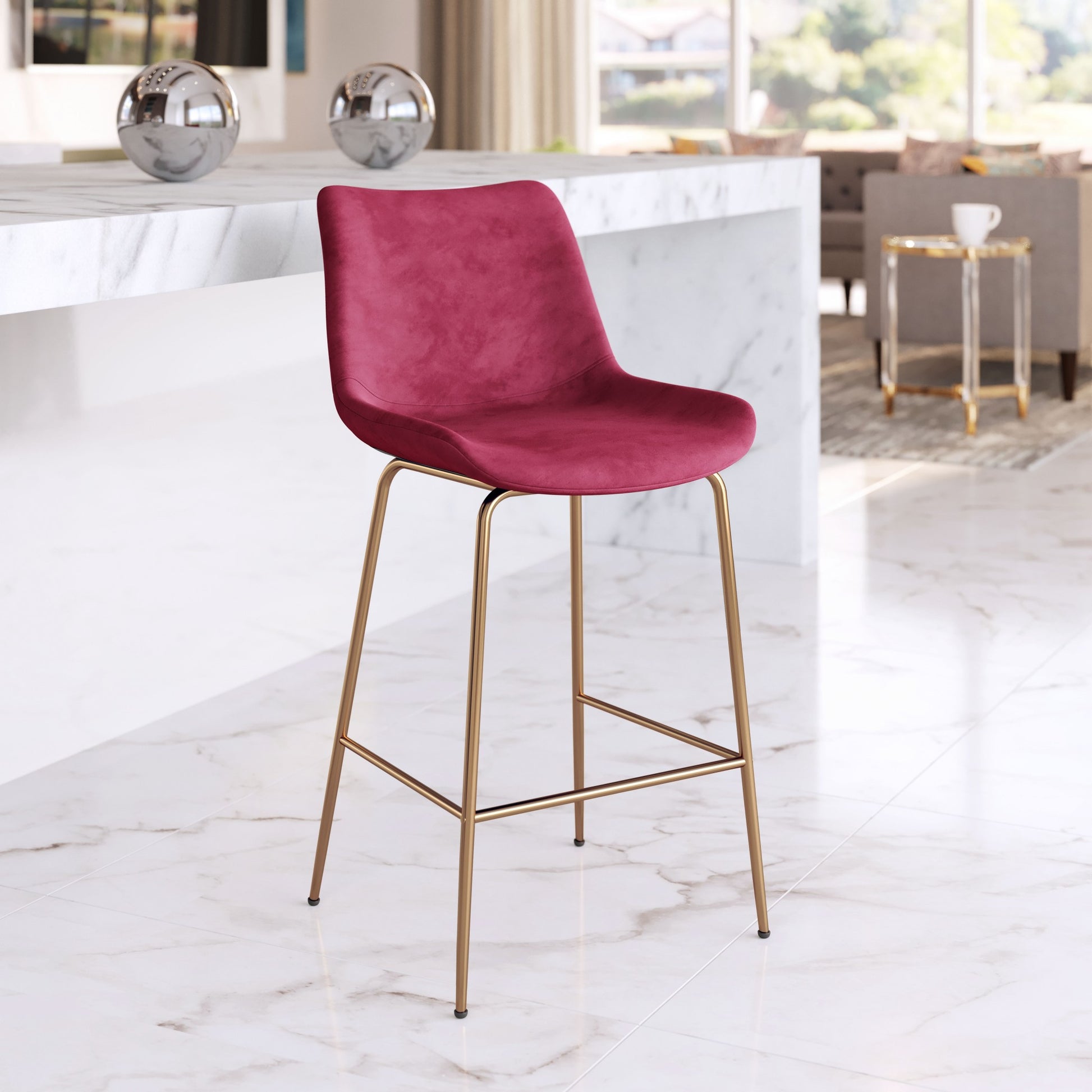 39" Red Velvet And Gold Low Back Counter Height Bar Chair With Footrest By Homeroots | Bar Stools | Modishstore - 7