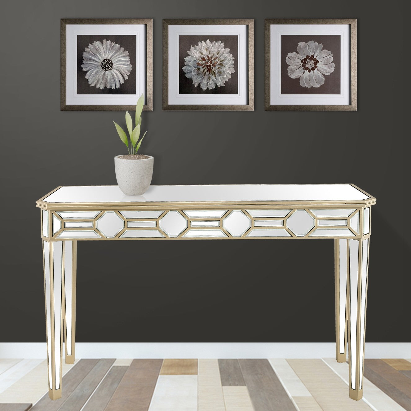 Gold Trimmed Mirrored Console Table By Homeroots | Console Tables | Modishstore - 7