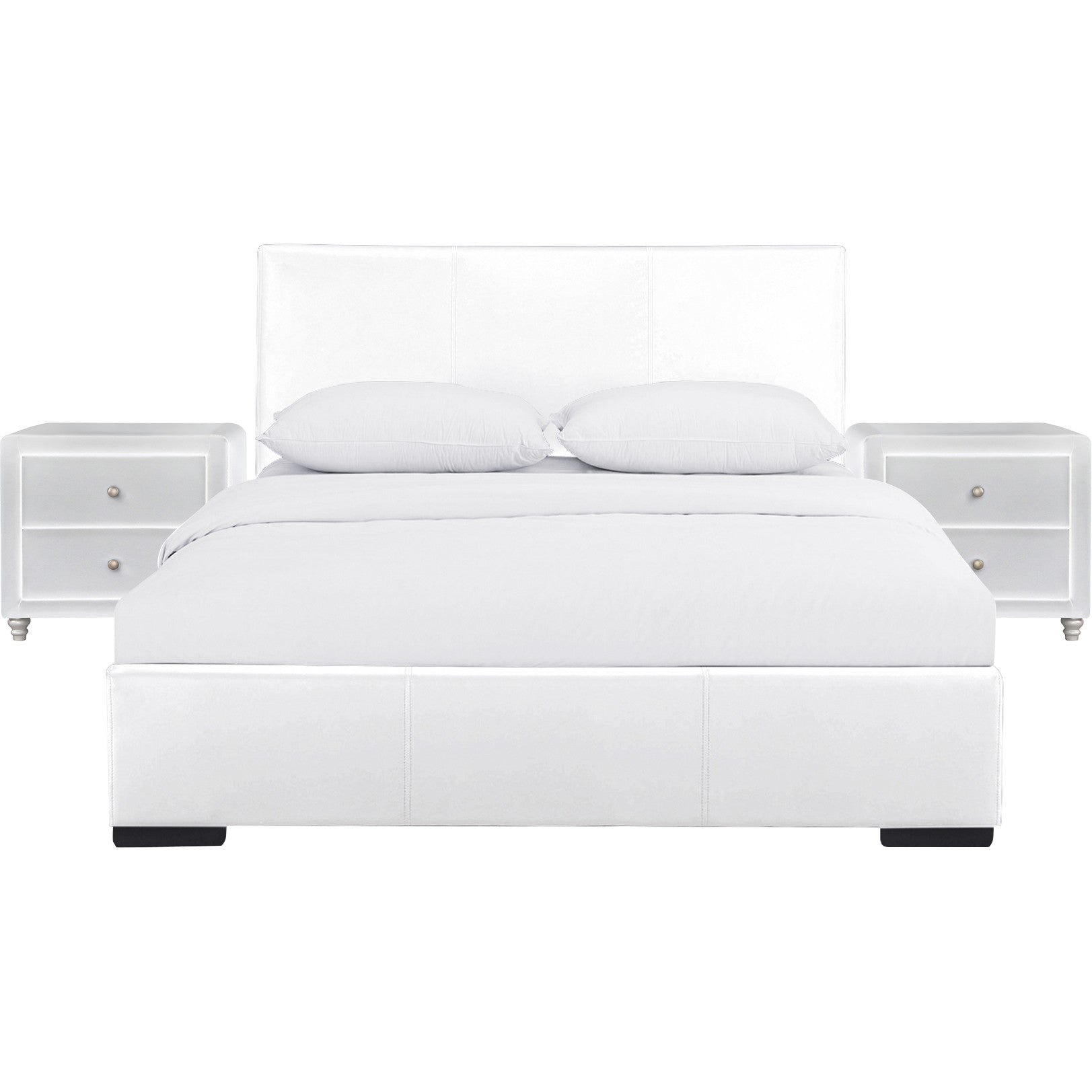 White Upholstered Platform Queen Bed With Two Nightstands By Homeroots | Beds | Modishstore - 2