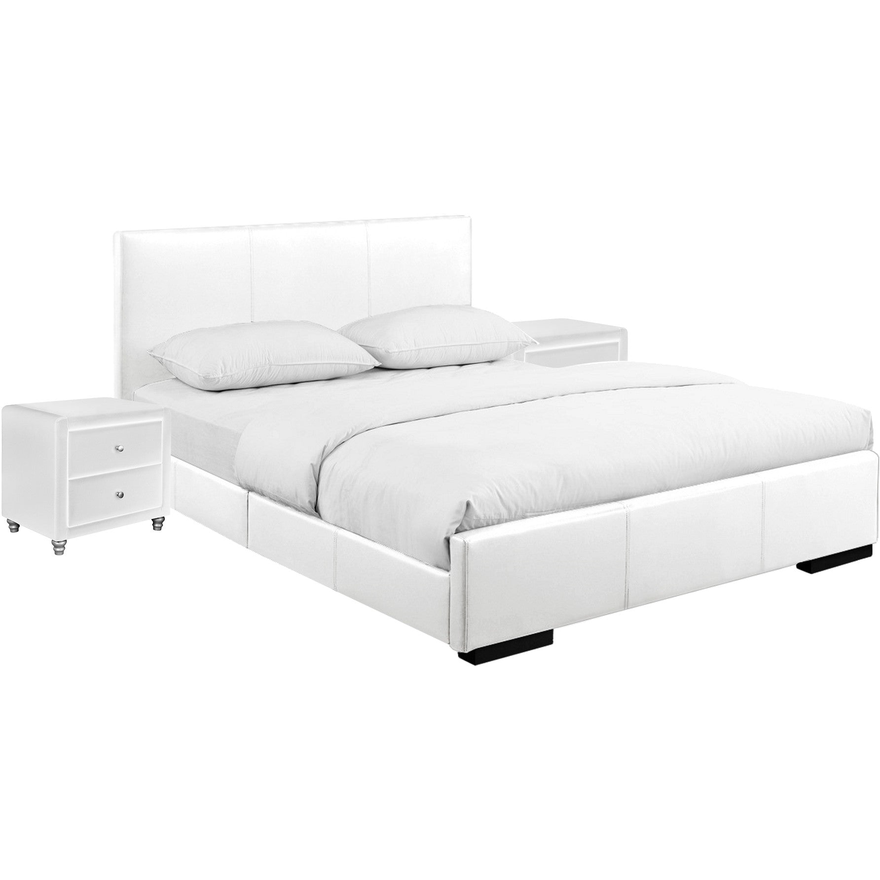 White Upholstered Platform Queen Bed With Two Nightstands By Homeroots | Beds | Modishstore - 3