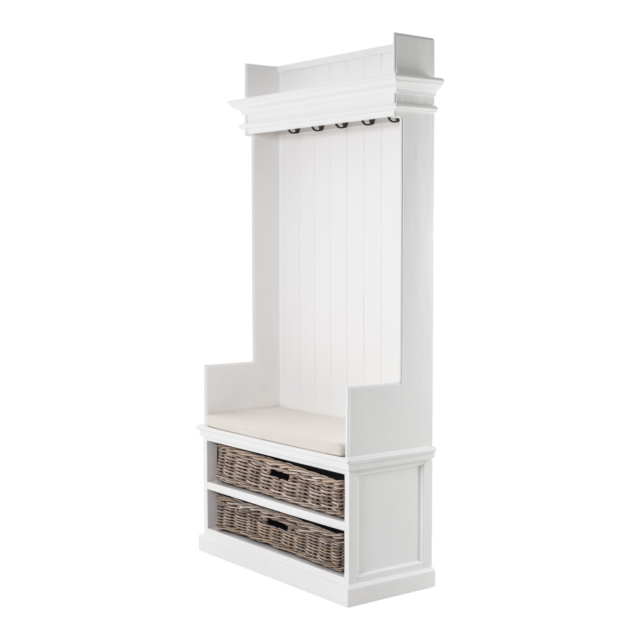 Classic White Entryway Coat Rack and Bench with Baskets By