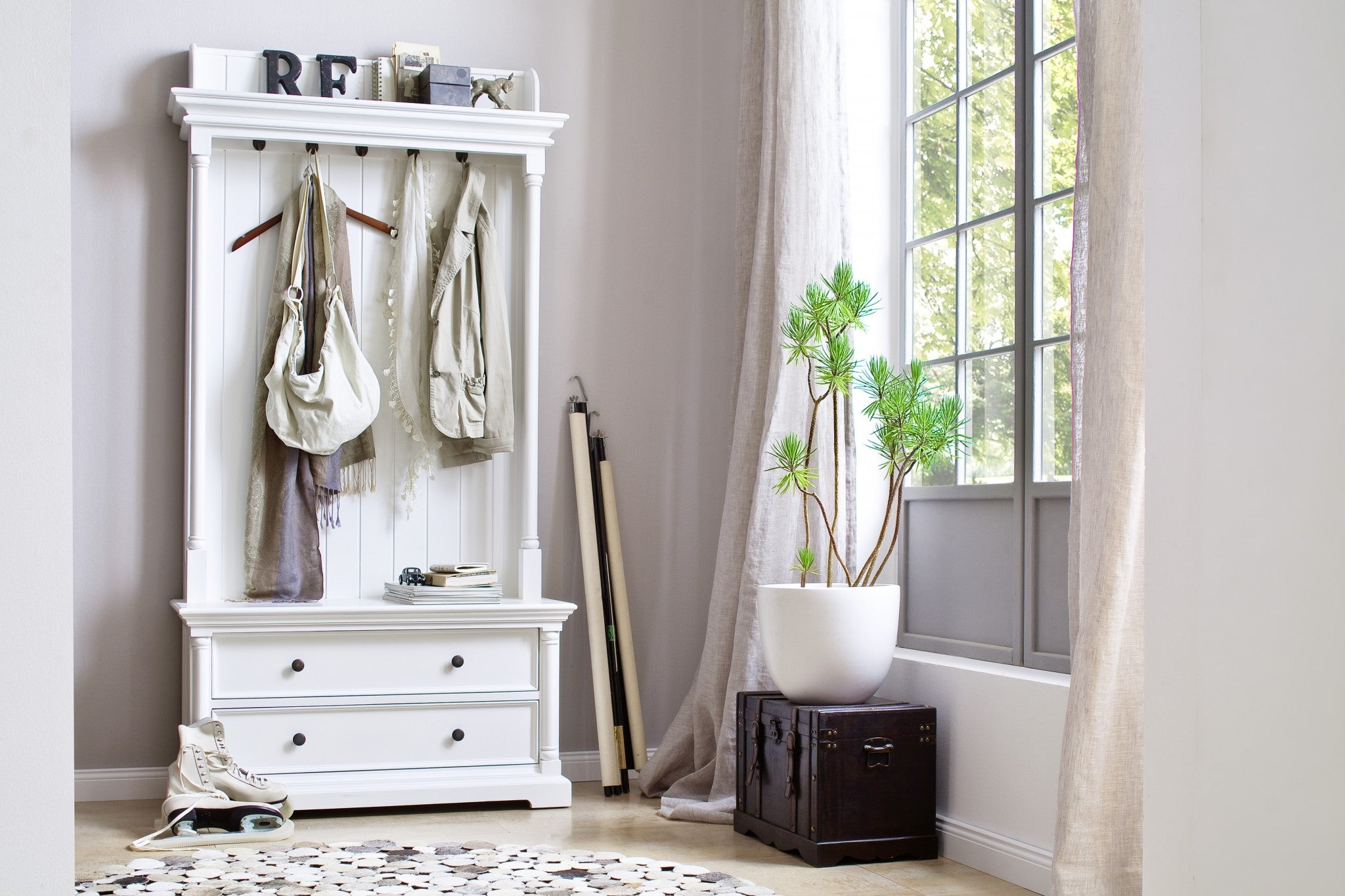 Coat rack with discount drawers