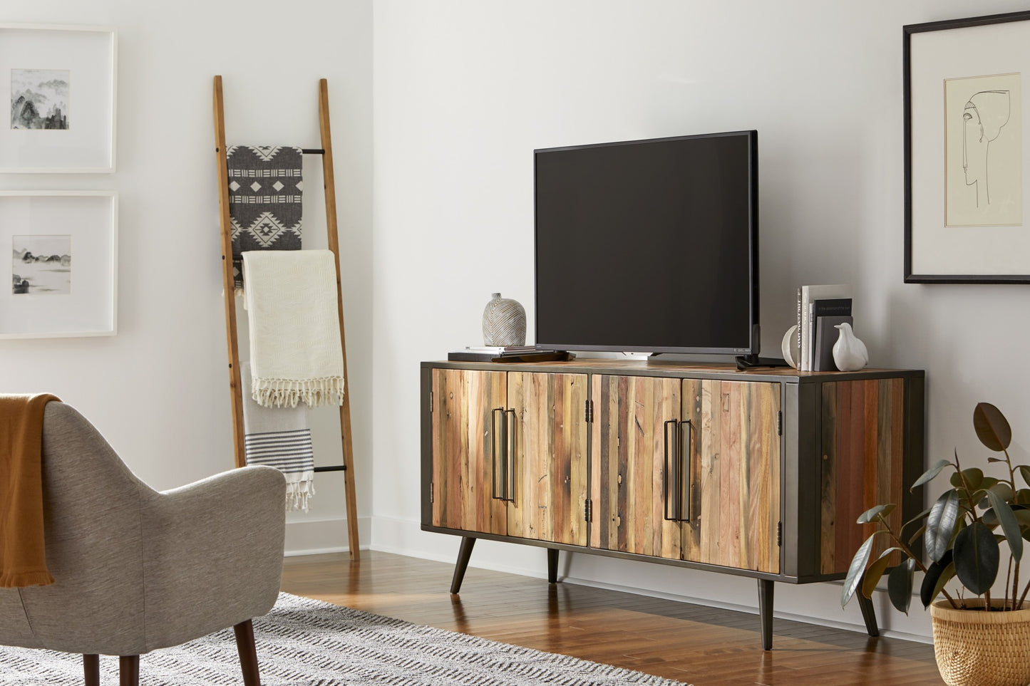 Rustic Natural Wood Media Cabinet with Four Doors By Homeroots | TV Stands | Modishstore - 9