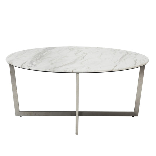 White on Stainless Faux Marble Round Coffee Table By Homeroots